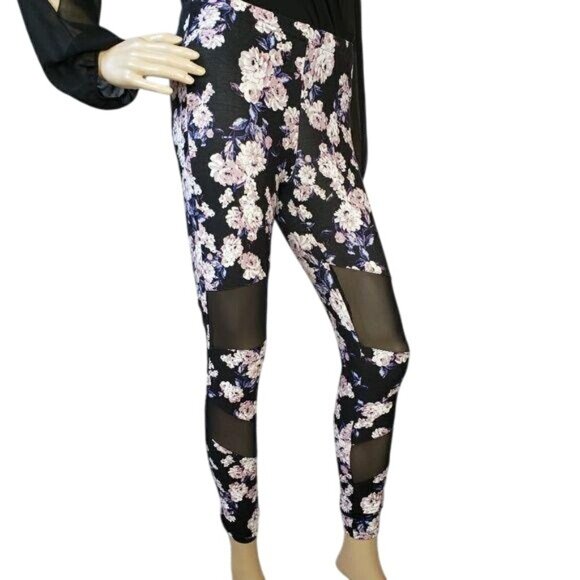 NWT Floral Mesh Panel Leggings No Comment NY LA Black & White pink flowers gym - Picture 5 of 6